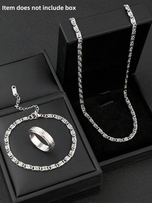Conjunto de joias masculinas de aço inoxidável, colar com corrente vintage, pulseira, strass, padrão esculpido, anel de ansiedade, estilo de moda personalizado, adequado para uso diário, presentes de Natal