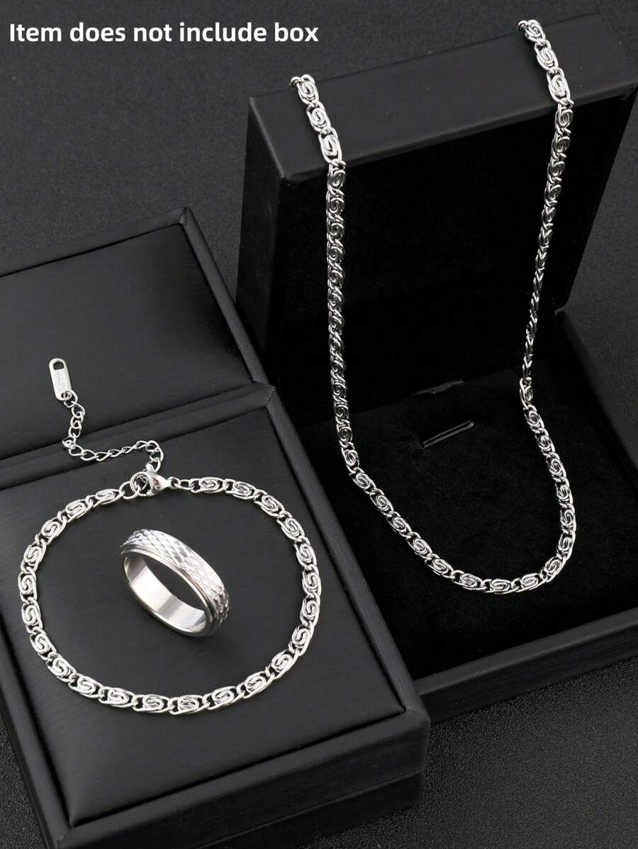 Conjunto de joias masculinas de aço inoxidável, colar com corrente vintage, pulseira, strass, padrão esculpido, anel de ansiedade, estilo de moda personalizado, adequado para uso diário, presentes de Natal