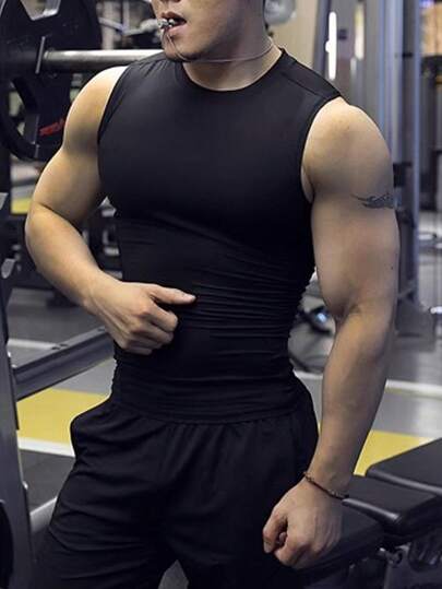 ملابس علوية رياضي بلا أكمام للرجال مناسب للكرة السلة الصيفية، ملابس علوية رياضي للياقة البدنية، مرن للغاية، ماص للعرق، بياقة دائرية باللون الأسود