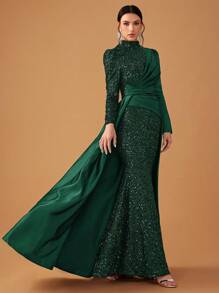 YISIKADO Váy dạ hội trang trọng cho nữ, Váy dài tay cổ đứng viền sequin & satin thanh lịch, Váy dạ hội, Cho khách dự tiệc cưới, Tốt nghiệp, Váy dự tiệc tối - Màu xanh lá cây đậm - Xem 4