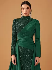 YISIKADO Váy dạ hội trang trọng cho nữ, Váy dài tay cổ đứng viền sequin & satin thanh lịch, Váy dạ hội, Cho khách dự tiệc cưới, Tốt nghiệp, Váy dự tiệc tối - Màu xanh lá cây đậm - Xem 7