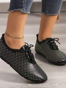 Giày thể thao giản dị mũi nhọn đính pha lê thời trang mới cho nữ, giày lưới thoáng khí khoét lỗ, giày thể thao giải trí - màu đen - Xem 2