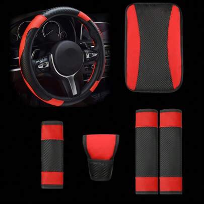 6 peças Conjunto de Capa para Volante de Carro: Capa de Volante, Capa de Alavanca de Câmbio em Fibra de Carbono e Couro PU, Capa de Freio de Mão, Capa de Apoio de Braço, Tapete de Apoio de Braço, Acessórios Internos Automotivos