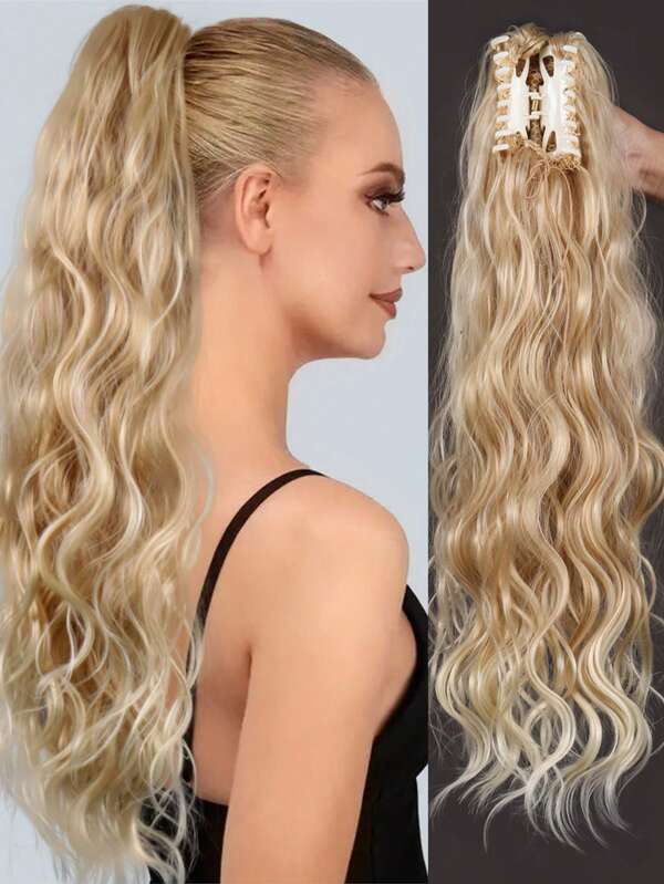 Extensiones de cabello con clip, fibra resistente al calor, postizos sintéticos, cabello largo ondulado natural dorado de 24 pulgadas, peluca de cola de caballo de alta calidad, totalmente hecha a máquina, peluca de cabello joven femenino para uso diario y de fiesta