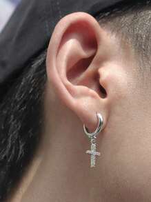 Men's Cross Hoop Earrings Silver With 5A Zirconia Stud Hip Pop Male Female - Bạc - Xem 1