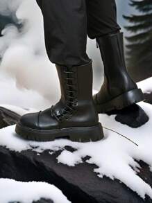 Side Zipper Laced Western Cowboy Boots Thick Sole Height Increasing Leather Boots For Men - Black - View 8