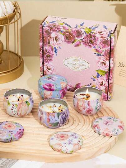 4 罐/套热熔蜡芳香疗法套装、自制大豆蜡烛杯、用于婚礼和节日装饰的花蜡烛、送给家人和朋友的完美礼物、生日、情人节或母亲节旅行用的香薰蜡烛锡罐、芳香疗法礼盒、房间装饰、礼物