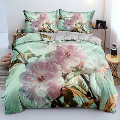 2/3 peças Conjunto de Capa de Edredom com Estampa 3D de Plantas, Conjunto de Roupa de Cama com Estampa de Flor Rosa (Tamanho 135x200 Apenas 1 Fronha)