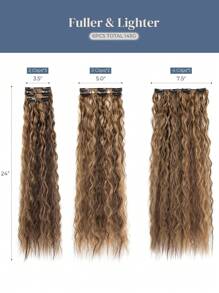 Clip In Hair Extensions,6PCS Hair Extensions Long Mermaid Waves Wavy Synthetic Clip On Hairpiece For Women 24 Inch Deep Brown With Dirty Blonde - Brown Highlight - View 6
