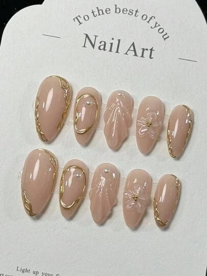 10 件/套手工制作杏仁形金线闪光 3D 花朵美甲贴片，可拆卸可重复使用优质假指甲按压式指甲美甲用品