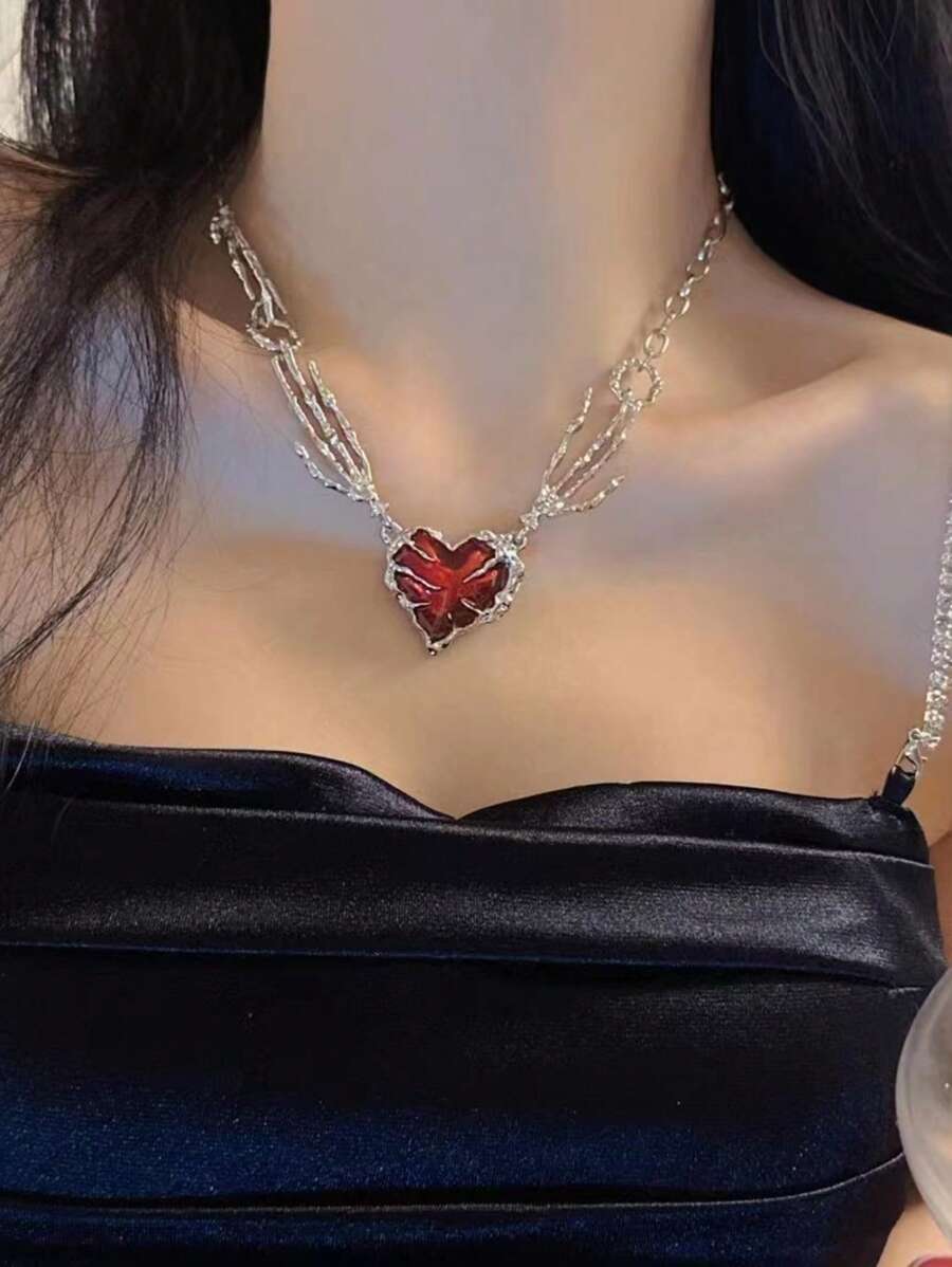 1件万圣节夸张食尸鬼爪子和红色爱心吊坠项链（女士款） - 復古銀色 - 查看 1