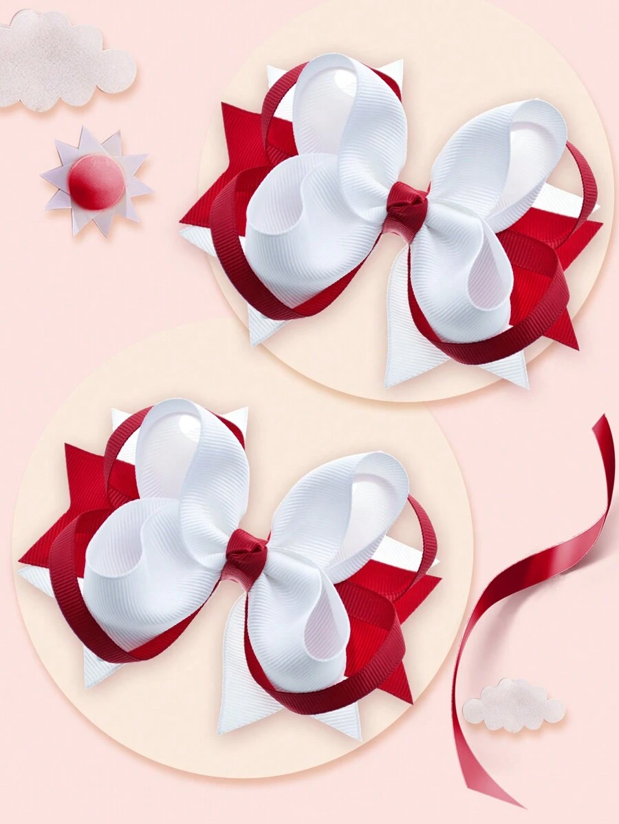 2pcs 5-Inch Fashion Hair Clips For Girls, Suitable For Holidays, Parties And School Wear - Red and White - View 1