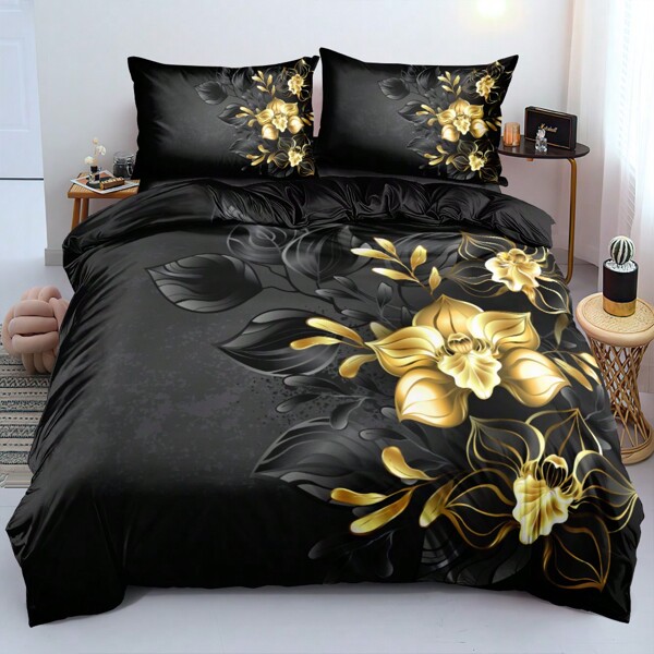 2/3 peças Conjunto de Capa de Edredom com Estampa 3D de Plantas, Conjunto de Roupa de Cama com Padrão de Flor Dourada em Preto (Tamanho 135x200 com apenas 1 fronha)