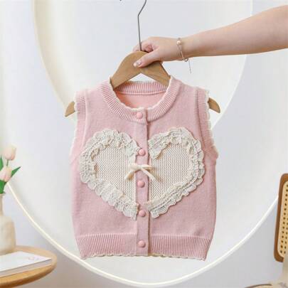 WUHUANG YIYI 女宝宝休闲贴花蕾丝花边心形图案宽松轻便圆领针织开衫，适合春季外出