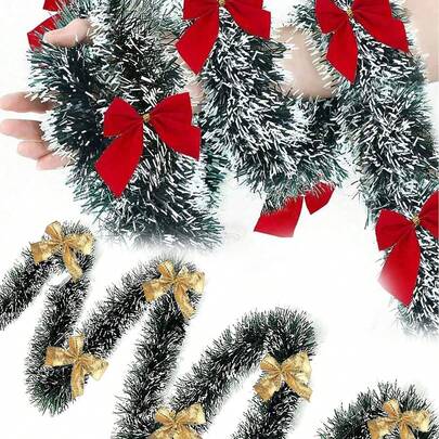 一套深绿色雪白色金属丝花环，配12个蝴蝶结，适用于室内外圣诞树装饰，是生日、家居装饰、圣诞节装饰、房间装饰、冬季圣诞节装饰、家居圣诞礼物和圣诞装饰品的理想之选。
