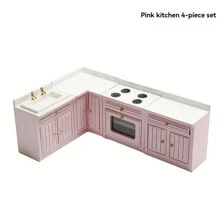 1/12 Scale Wooden Dollhouse Miniature Kitchen Furniture Set - Includes Cabinet, Refrigerator, Stove, Sink And Counter, Suitable For Decorative Dollhouse, Pink Color