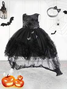Meninas Preto Lantejoulas Malha Destacável Trem Elegante Princesa Traje Vestido Com Faixa De Cabelo, Adequado Para Festa De Halloween