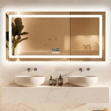 LUVODI Rectangle LED Bathroom Mirror Wall Vanity Mirror With Bluetooth Speaker Date/Time/Temp Display, Dimming Light Front-Lit And Backlight, Defog - 美規A型插(110-127V) - 查看 2
