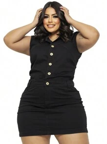 2 Piece Plus Size Dress And Short Jeans Jumpsuit Kit - 黑色 - 查看 2
