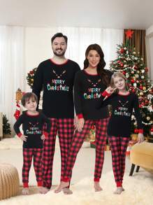 Tween Boy 2pcs Christmas Family Matching Snug Fit Pajamas Set, Fun Antler Plaid Print Long Sleeve Shirt & Long Pants, Comfortable Casual Holiday Loungewear - Black - View 3