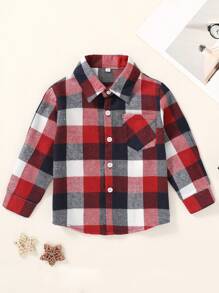 Camisa de manga larga con botones sencilla de tela a cuadros, suave, cómoda y respirable para bebé - Multicolor - Ver 3