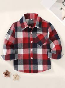 Camisa de manga larga con botones sencilla de tela a cuadros, suave, cómoda y respirable para bebé - Multicolor - Ver 1