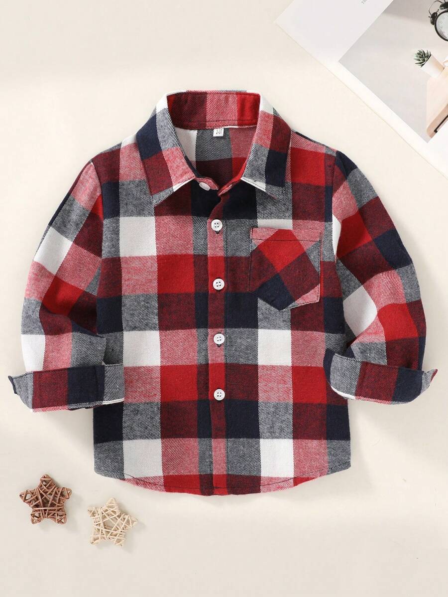 Camisa de manga larga con botones sencilla de tela a cuadros, suave, cómoda y respirable para bebé - Multicolor - Ver 1