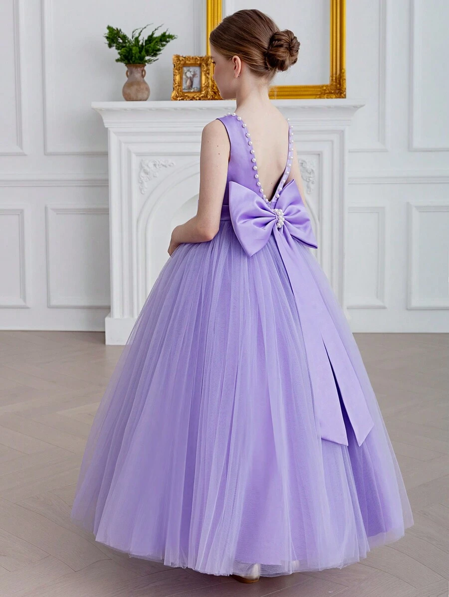 Rochie elegantă violet pentru fete preadolescente cu fundă, rochie formală de prințesă pentru fete cu flori, potrivită pentru nuntă, petrecere, ziua de naștere, bal