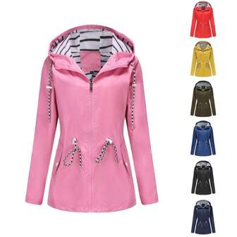 2024 European And American New Raincoat Long-Sleeved Waterproof Waterproof Long Windbreaker Women's Hooded Striped Raincoat Women's Clothing Insulation, Galentines, Puppy, Carnival