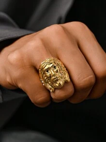 1 pieza Anillo de inoxidable chapado en oro de 18K con incrustaciones de circonita cúbica con patrón retro de cruz y Jesús, joyería de fe - anillo - Ver 1