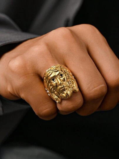 1pc 18K Gold Plated Stainless Steel Inlaid Cubic Zirconia Retro Cross Jesus Pattern Men's Rings Faith Jewelry