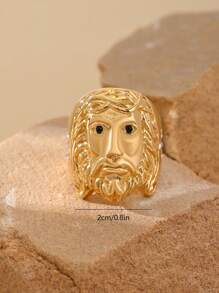 1 pieza Anillo de inoxidable chapado en oro de 18K con incrustaciones de circonita cúbica con patrón retro de cruz y Jesús, joyería de fe - anillo - Ver 4