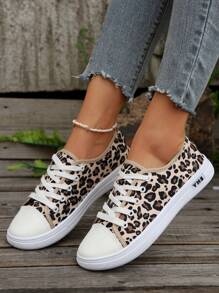女士时尚运动鞋，豹纹白色鞋带，彩色鞋带，低帮厚底运动鞋，休闲百搭户外运动鞋