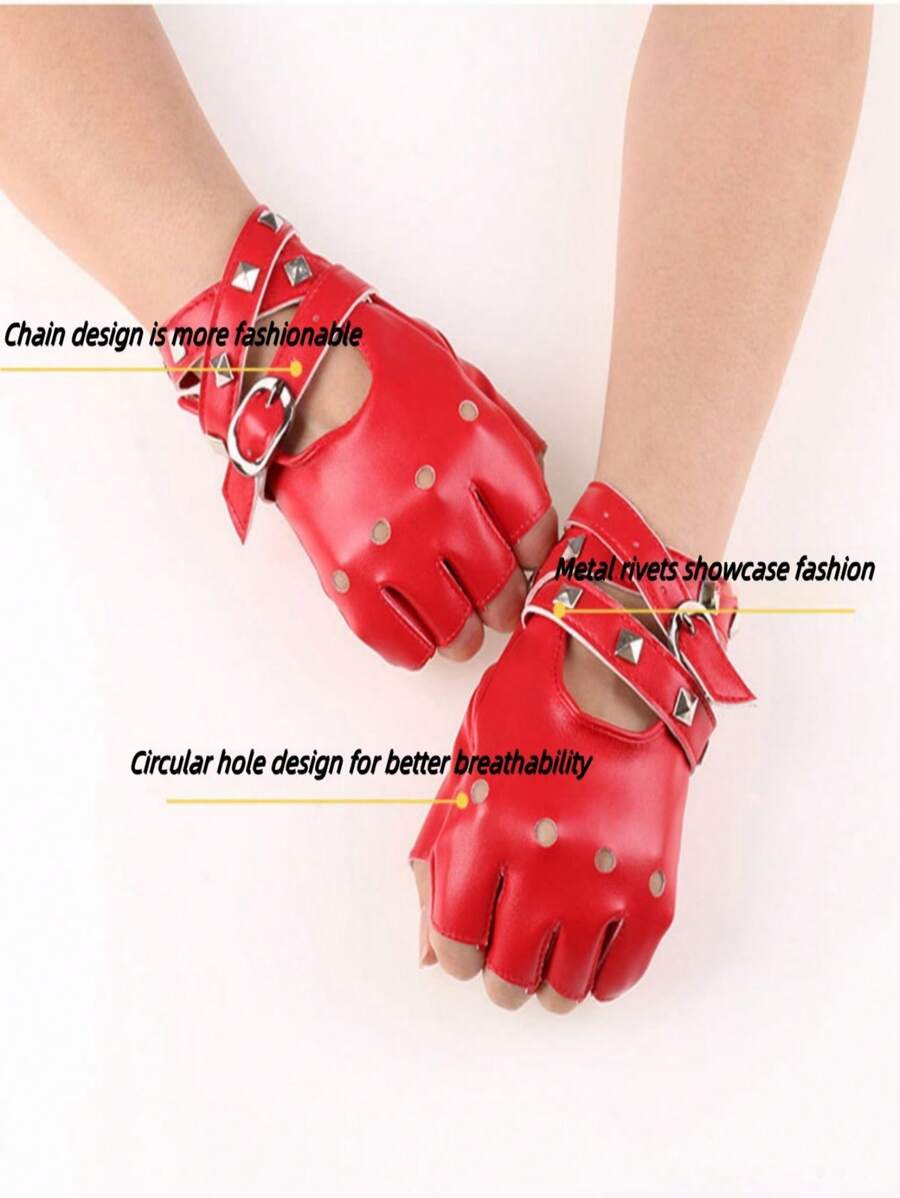 1 双新款皮革舞蹈手套，酷炫朋克风格女士皮革手套，适合夜店表演和钢管舞 - 彩色 - 查看 1