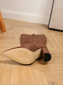 Sexy Fashion Women's Mid-Calf Boots, 10.5cm Chunky High Heels, Casual Pointed Toe Side Zip Up Brown Boots