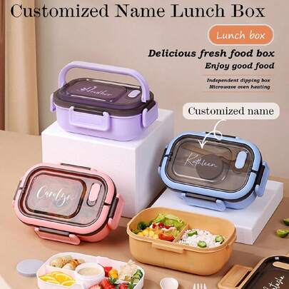 Personalized Lunch Box With Name (Comes With Fork And Spoon), Suitable For Adults Or Children, 3-Compartment Design Includes Utensils, Sauce Cups And Pancake Mat, Microwave And Dishwasher . This Lunch Box Prevents Confusion And Makes An Ideal Christmas Gift. Easy To Clean. Great Gift For Him, Her, Boyfriend, Girlfriend, Dad, Mom, Family, Friends
