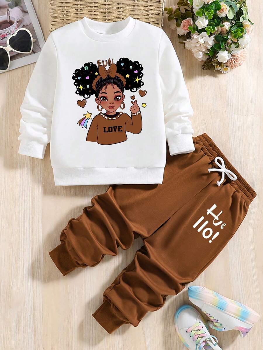 Young Girl 2pcs Cartoon Print Crew Neck Sweatshirt And Sweatpants Set - Yellow - View 1