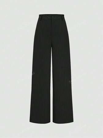 Pantaloni casual dritti a vita alta e gamba ampia con righe, di stile europeo e americano per le donne