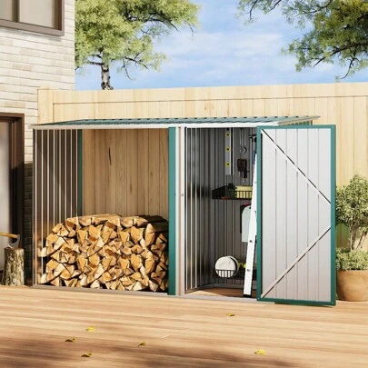 LIVINGANDHOME Living And Home - UK Steel Outdoor Garden Storage Shed With Log Stacking Rack