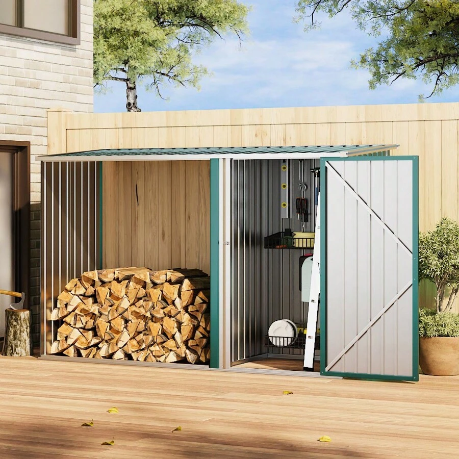 LIVINGANDHOME Living And Home - UK Steel Outdoor Garden Storage Shed With Log Stacking Rack - Green - View 1