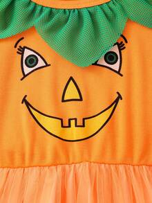 Young Girl Long Sleeve Halloween Mesh Dress - Orange - View 4
