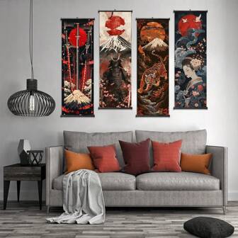 1 Pezzo/4 Pezzi cartellone su tela Scroll giapponese retrò con Samurai, arte astratta del guerriero, bellezza giapponese e Monte, dipinto da parete per camera da letto, soggiorno, camera universitaria, decorazione artistica