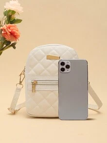 Fashionable Embroidered Phone Bag, Casual Rhombus Pattern Crossbody Bag For Daily Outing - White - View 4