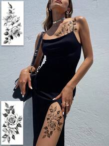 (Pack Of 3 PCS)Waterproof Sketch Flower Fake Tattoo, Black Flower And Jewelry Chain Pattern, Easy To Use And Long-Lasting Temporary Tattoo, Look Very Real Fake Tattoo, Suitable For Use On The Thigh, Abdomen, Collarbone, Arm And Other Parts, Party Party Must