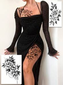 (Pack Of 3 PCS)Waterproof Sketch Flower Fake Tattoo, Black Flower And Jewelry Chain Pattern, Easy To Use And Long-Lasting Temporary Tattoo, Look Very Real Fake Tattoo, Suitable For Use On The Thigh, Abdomen, Collarbone, Arm And Other Parts, Party Party Must