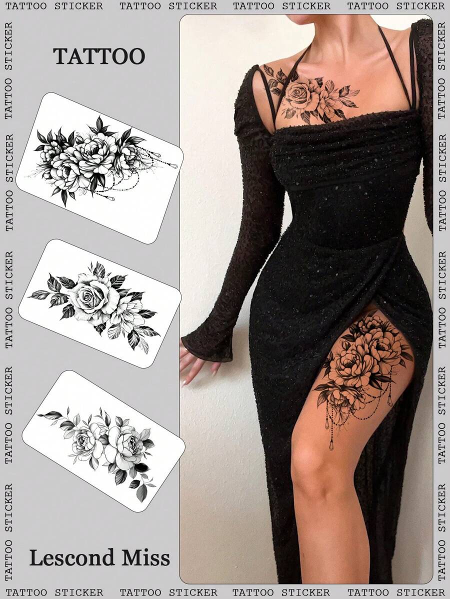 (Pack Of 3 PCS)Waterproof Sketch Flower Fake Tattoo, Black Flower And Jewelry Chain Pattern, Easy To Use And Long-Lasting Temporary Tattoo, Look Very Real Fake Tattoo, Suitable For Use On The Thigh, Abdomen, Collarbone, Arm And Other Parts, Party Party Must