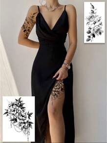 (Pack Of 3 PCS)Waterproof Sketch Flower Fake Tattoo, Black Flower And Jewelry Chain Pattern, Easy To Use And Long-Lasting Temporary Tattoo, Look Very Real Fake Tattoo, Suitable For Use On The Thigh, Abdomen, Collarbone, Arm And Other Parts, Party Party Must