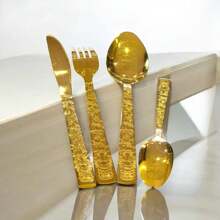 Faqueiro de Inox De Luxo Talheres Dourado Trabalhado faca de Mesa Colher de Mesa Colher de Sobremesa Garfo de Mesa 24peças - Dourado - Visão 4