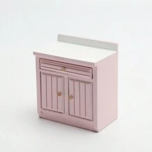 1/12 Scale Wooden Dollhouse Miniature Kitchen Furniture Set - Includes Cabinet, Refrigerator, Stove, Sink And Counter, Suitable For Decorative Dollhouse, Pink Color