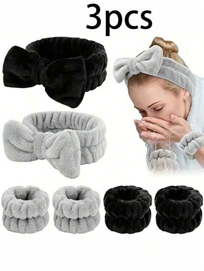 1pc Headband/2pcs Wristbands/3pcs Facial Cleansing Set: Polyester Bath Wristbands, Fluffy Solid Color Headband, Reusable Spa Headband & Wristbands, Fine Fiber Headband, Makeup Headband Wristbands, Elastic Wrist Wrap, Absorbent Sweatband, Face Towel. Suitable For Bathroom, Living Room, Vanity, Travel, Bedroom, Yoga, Workout, Bathing, Makeup, Skincare, Spa, Salon, Birthday, Face Mask, Exercise Face Clean,Facial Brush,Bag,Organizer,Storage